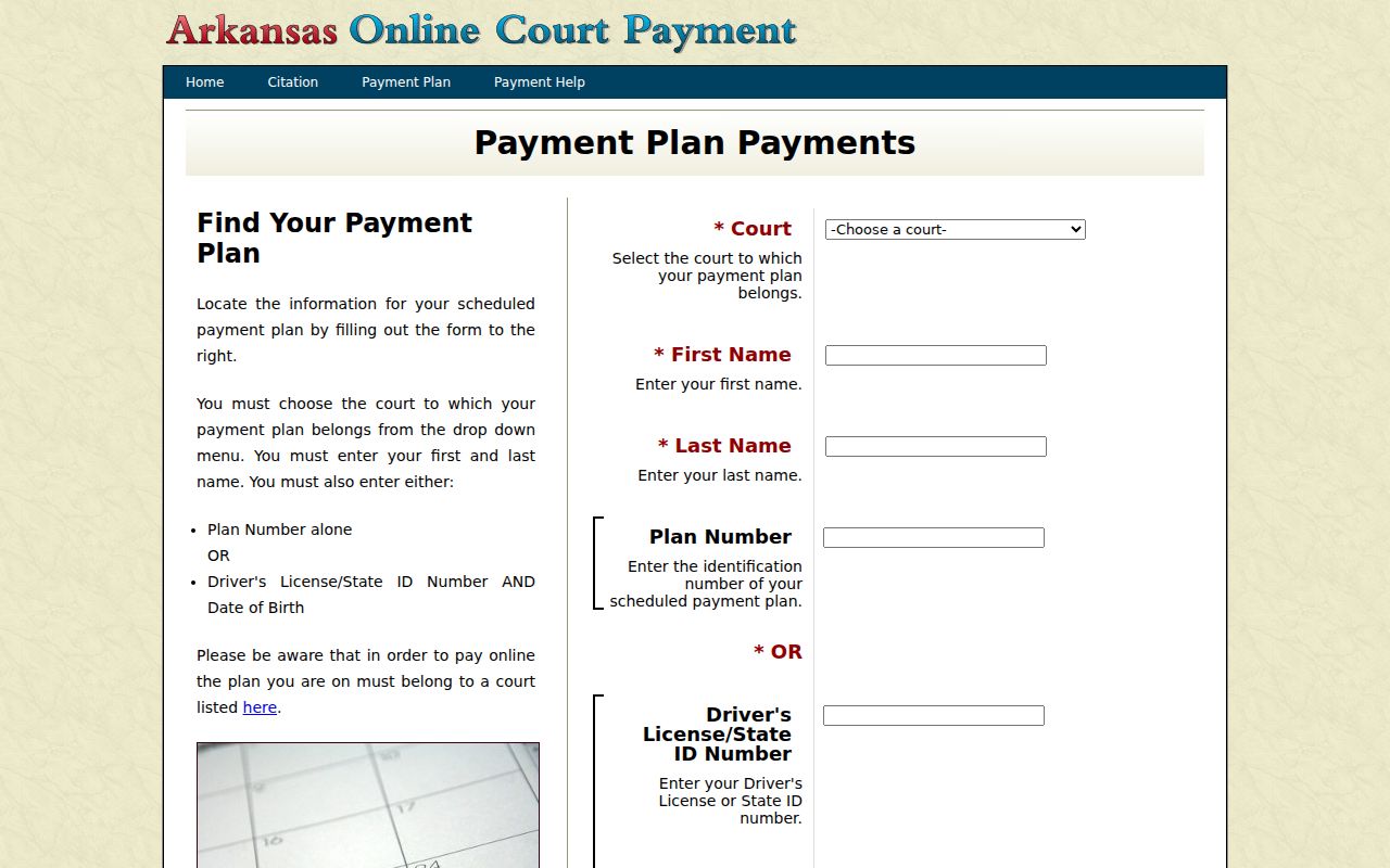 Johnson County court date payment-plan lookup interface