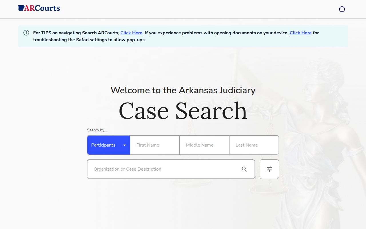 Johnson County court docket participant and case search fields in Search ARCourts